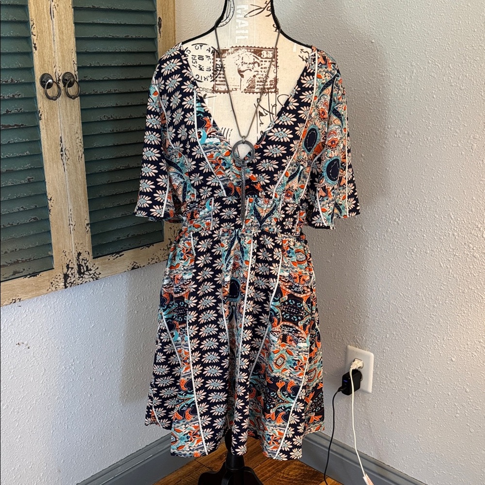 SHEIN Navy Floral & Teal Orange Print Wrap Mini Dress